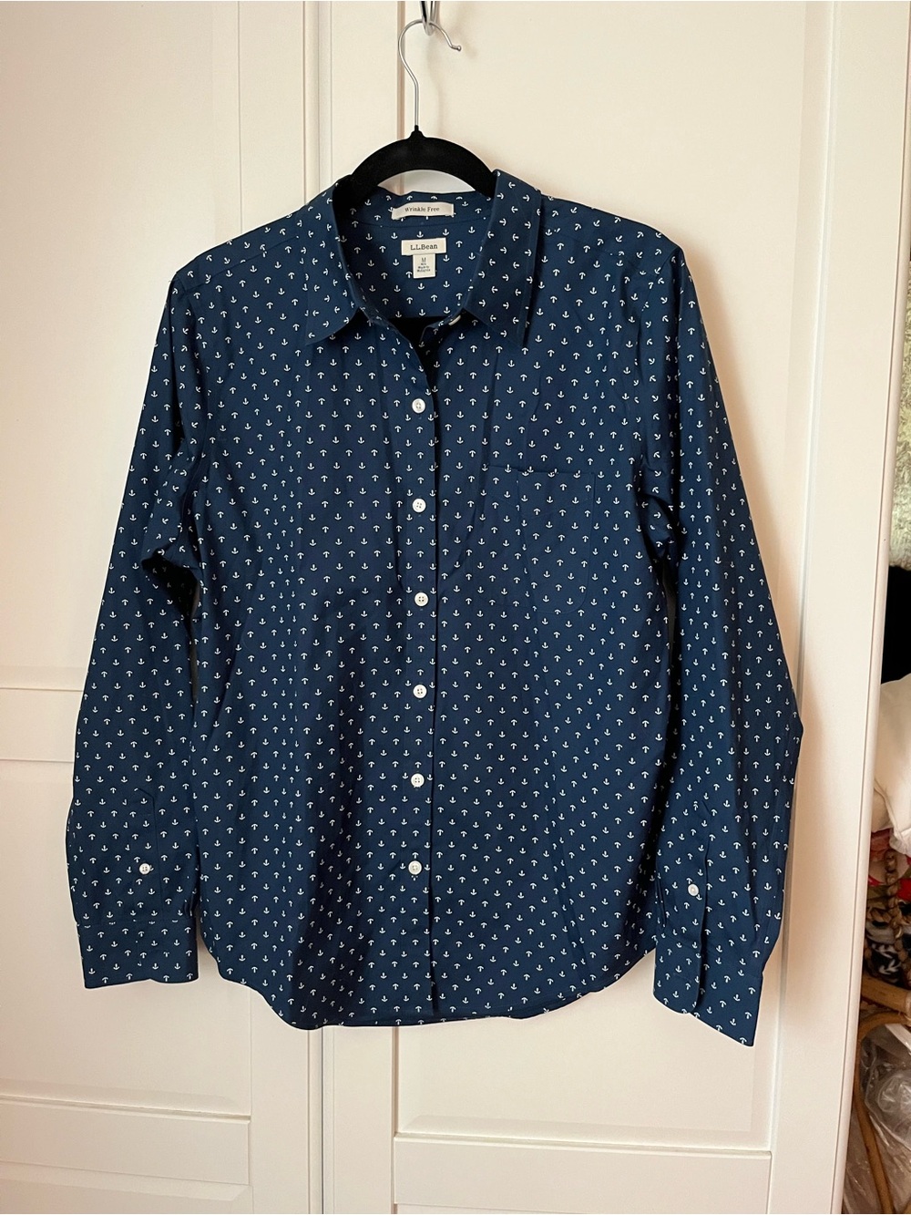L.L. Bean Navy Blue Button-Down Shirt with White Anchor Print